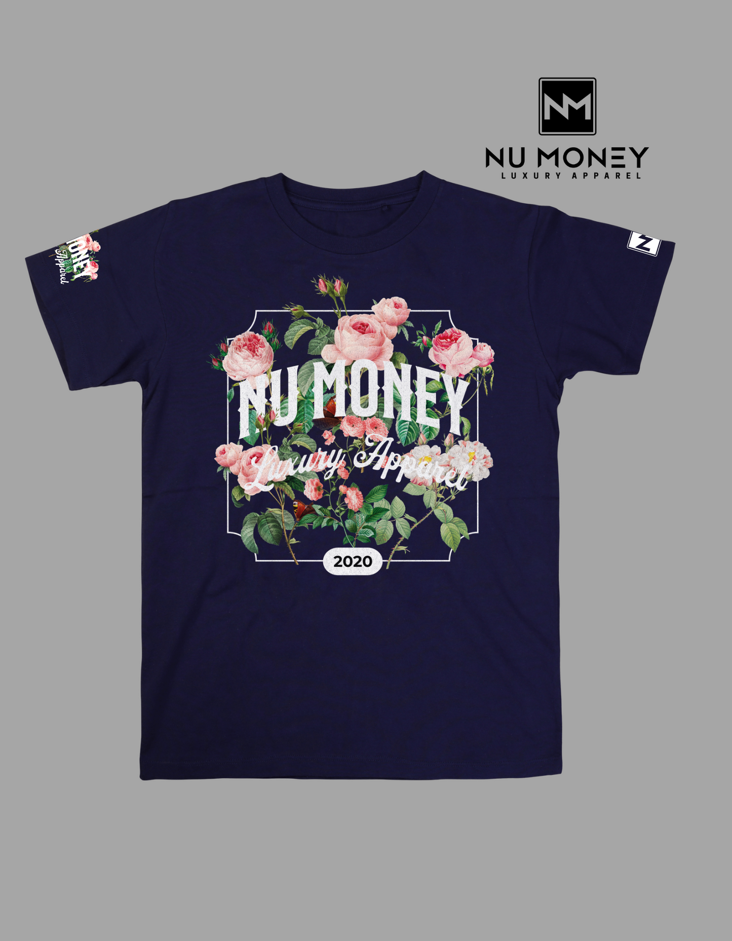 Floral pink roses image T- shirt (navy blue)