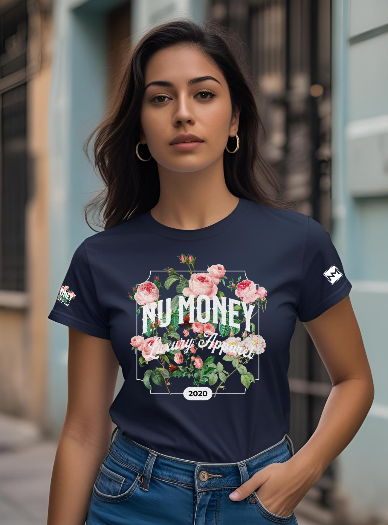 Floral pink roses image T- shirt (navy blue) (Copy)