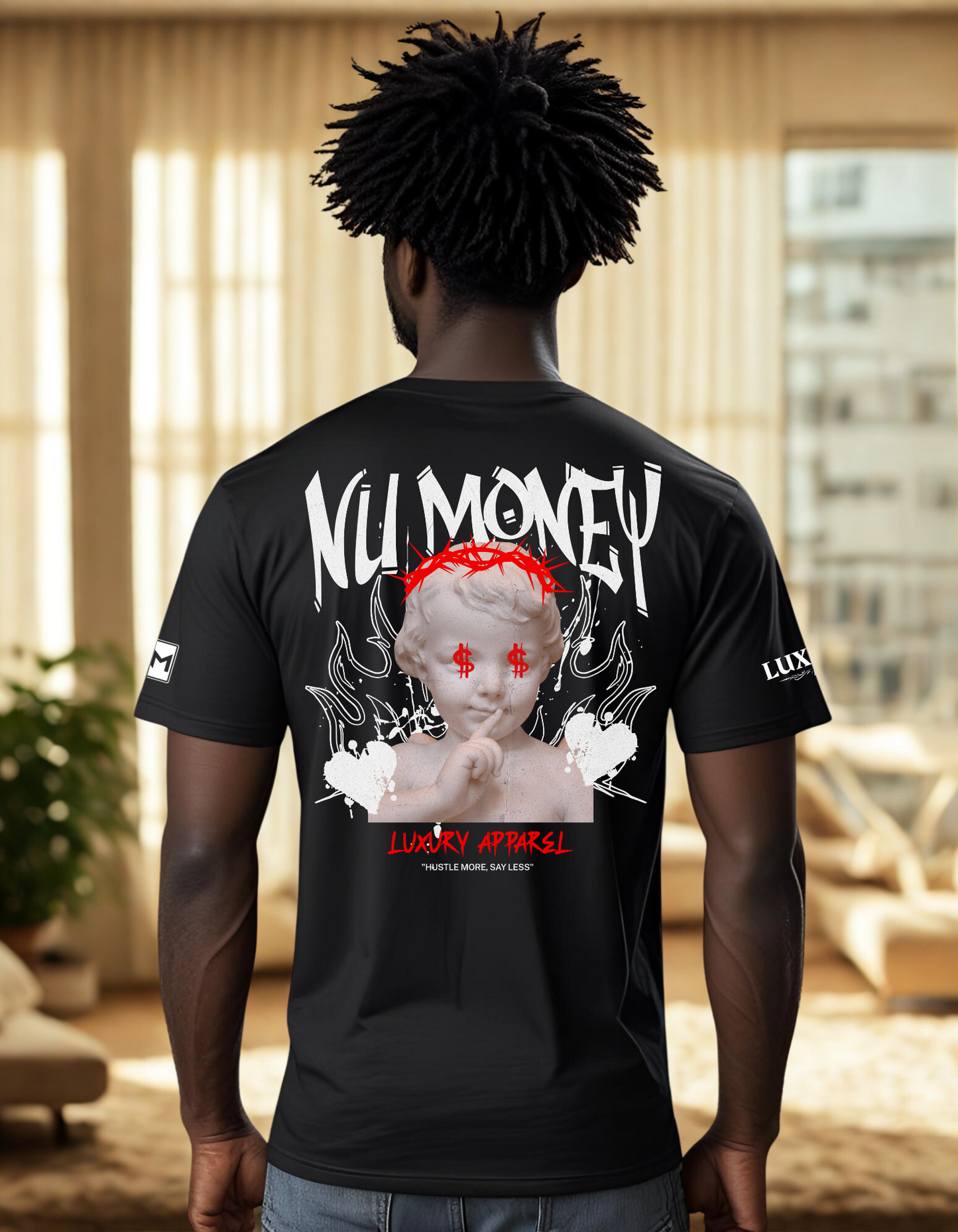 "Say less , hustle more" t-shirt (black and red)